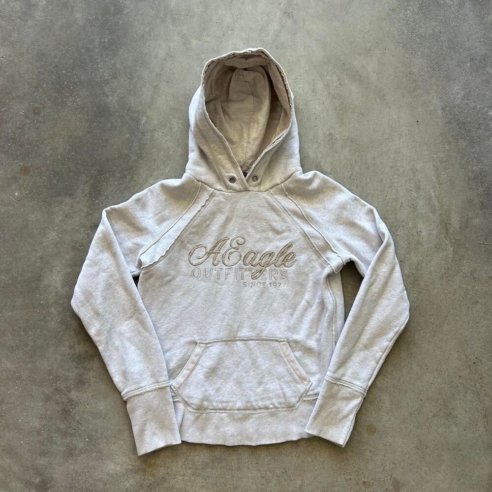 American-eagle Women's Grey and Cream Hoodie